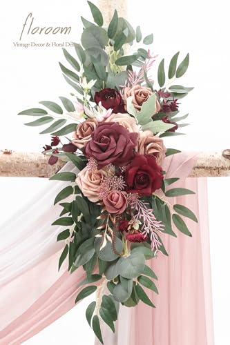 Floroom Arch Flowers with Drapes Kit (Pack of 4) - 2pcs Artificial Marsala & Champagne Floral Swag Arrangement with 2pcs Draping Fabric for Wedding Ceremony Arbor and Reception Backdrop Decoration - color: Marsala & Champagne