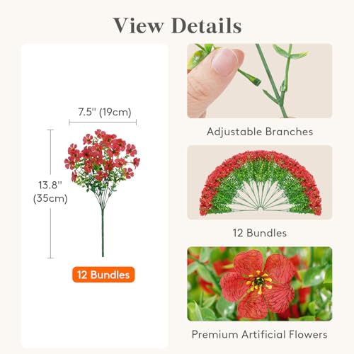 Lifewit Artificial Flowers for Outdoor Indoor, 12 Bundles Plastic Fake Flowers Daisy with Eucalyptus Leaves for Home Garden Decor, Porch, Window Box(Red) - color: Red