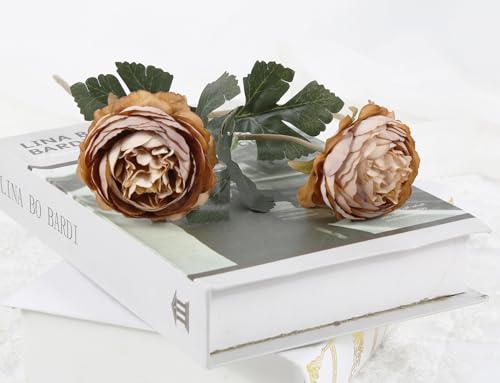 IPOPU 10pcs Coffee Peonies Artificial Flowers Real Touch Silk Peonies with Stems Real Look Fake Peony for Home Wedding Hotel Office Party Centerpiece Decorations - color: Coffee