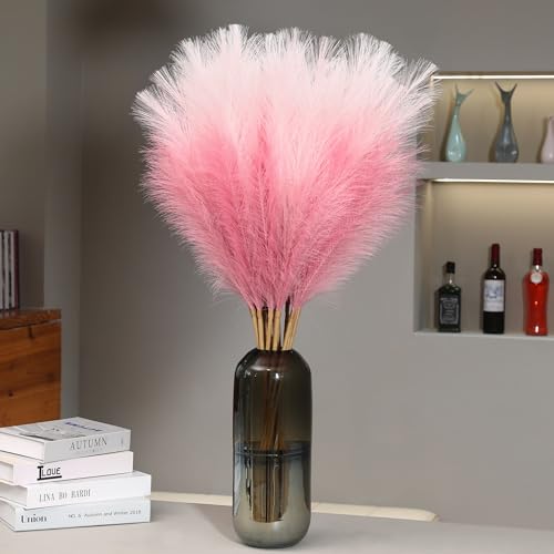 Wertuirk 9 Stems Pink Pampas Grass - 38 Inch Large Fluffy Faux Pompous Grass Decor, Long Artificial Colored Pompas Floral for Vase Filler, Wedding Centerpieces and Home Decor (Pink) - color: Pink