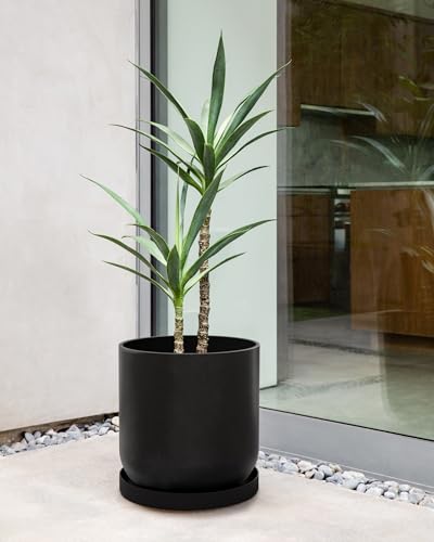 Veradek Mason Series Lima Planter - Round Planter for Indoor or Outdoor Porch/Garden | Made from Plastic-Stone Composite with Drainage Holes | Modern Décor for Succulents, Flowers, Small Plants - color: Black, size: 15 inches - 2 Pack with Saucers