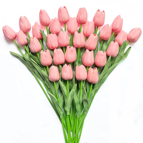30 PCS Artificial Tulips Real Touch Tulips 13.5inch Long Stem Fake Flowers Silk Flowers for Spring Easter Mother's Day Decorations（Candy Pink） - color: Candy Pink