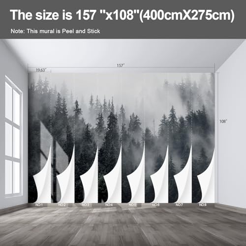 Misty Forest Landscape Large wall murals Woodland Tree Peel and Stick self Adhesive Wallpaper for Bedroom Living Room - 108"x157" - color: F03, size: 108"x157"