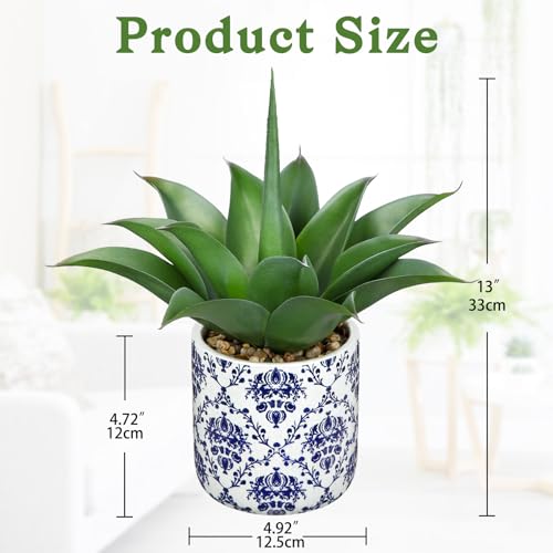 Briful Agave Plants Artificial Succulents Fake Plant in Blue Vase, 13'' Tall Realistic Faux Plant Indoor for Home Decor Farmhouse Centerpiece Table Kitchen - color: Green and Gray Agave Blue Vase