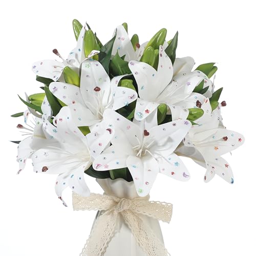 12 Bundles Lily Artificial Flower with 12 Head Full Bloom Lily & 24 Bud White Rhinestone Fake Flower Wedding Bridal Party Decor Home Hotel Bouquet Centerpiece Floral Arrangement - color: White, style: Rhinestone Lily