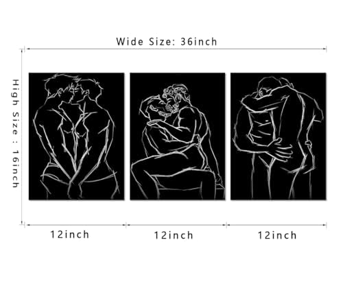 Abstract Wall Art Men Gay Wall Decor Pictures 3 Panels Black and White Line Art Men Gay Body Posters Prints on Canvas Decor Bedroom Bathroom Home Decoration Framed Ready to Hang -12"W x16"Hx3pcs - color: Art02, size: 12x16x3pcs