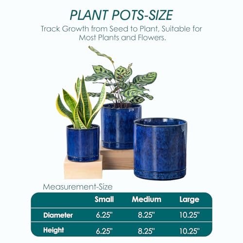 vancasso Ceramic Planters, Plant Pots for Indoor Plants, 6.25+8.25+10.25 Inch Ceramic Pots for Plants, Flower Pots with Drainage Holes (Blue, 6.25+8.25+10.25 Inch) - color: Blue, size: 6.25 + 8.25 + 10.25 Inch