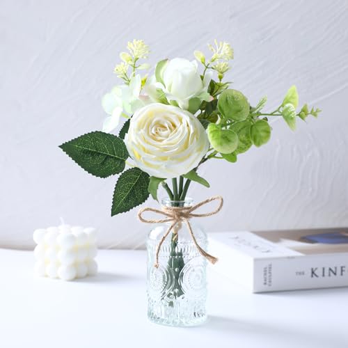 AFRITEE Faux White Silk Flower Arrangements - Centerpiece Table White Rose Flower Bouquet in Small Vase Set for Home Indoor Dining Room Wedding Centerpieces Coffee Table Decor - color: White Bouquet+relief Vase