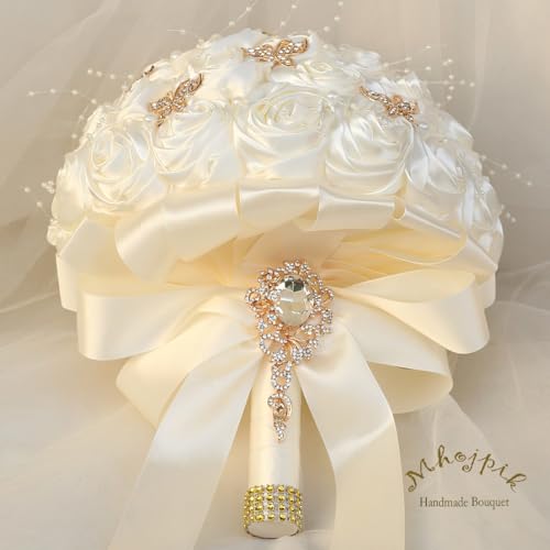 Handmade Wedding Flowers Bouquet Round Holding Bridal Bouquet Artificial Satin Roses Bunch for Bride Bridesmaid Wedding Quinceanera (Ivory, 8.7") - color: Ivory, size: Medium (Dia. 8.7"/22cm)