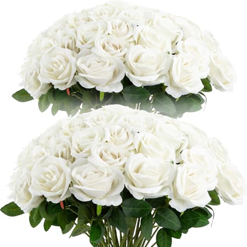Cliselda 72pcs White Roses Artificial Flower in Bulk, Realistic Velvet Silk Faux Roses for Wedding Centerpieces, Bridal Bouquets, Home Decor, Anniversary, Valentine's Day, Mother's Day Decorations - color: White