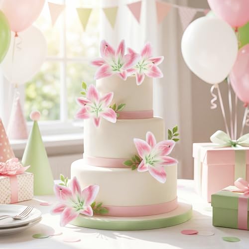 4 Bundles Pink Lily Artificial Flowers 20Heads Fake Lilies with Stems 12.2" Faux Silk Flowers for Wedding Mother's Da Baby Shower Party Easter Home Table Centerpieces Floral Arrangements (Pink) - color: Pink