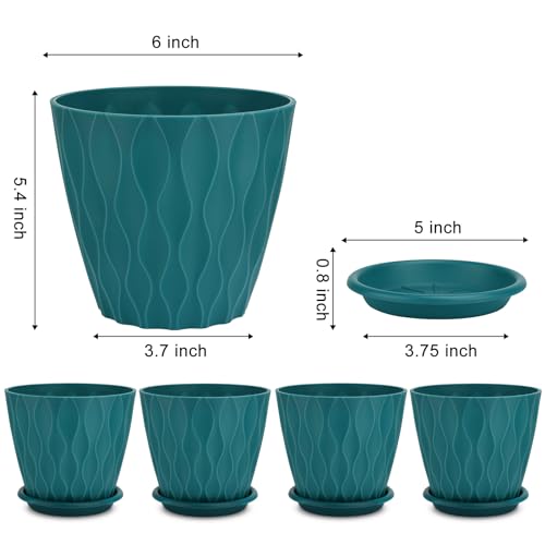 YNNICO 6 inch Plant Pots, 5 Pack Flower Pots Outdoor Indoor, Planters with Drainage Hole and Tray Saucer(Blue - color: Blue, size: 6 inch