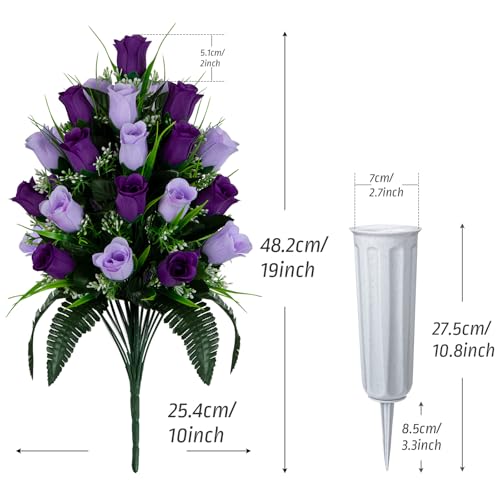 XONOR 2 Sets Artificial Cemetery Flowers, Grave Decorations Roses, Memorial Flowers Bouquet with Vase for Grave Cemetery Decoration (Dark Purple&Light Purple) - color: Dark Purple&light Purple