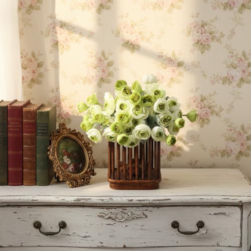 Mini Peonies Artificial Flowers, 3 Bundles Silk Faux Ranunculus Flower, 42 Heads Artificial Peonies with Stems for Home Office Dining Table Wedding Spring Centerpiece Decor(White Green) - color: White Green