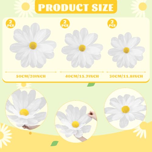 6 Pcs White Large Daisy Flowers for Decoration 12'' 15.8'' 20'' Giant Silk Artificial Flower Fake Daisy for Wedding Garden Birthday Party Bridal Baby Shower Decor, Rod is Not Included - color: White