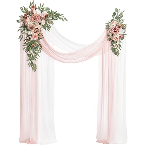 Ling's moment Pink Artificial Wedding Arch Flowers Kit Pack of 4, 2pcs Hanging Flower Arrangement 2pcs Chiffon Drapes Ceremony Reception Spring Silk Rose Arbor Backdrop Floral Garden Outdoor Decor - color: Pk-dusty Rose & Cream