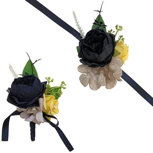 Corsage and Boutonniere Set, Handmade Artificial Peony Rose Wrist Corsage Wristlet and Groom Boutonniere for Men Wedding Prom Suit Decorations (Black and Yellow) - color: Black and Yellow