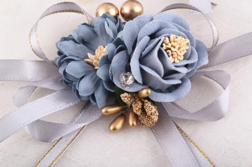 Dusty Blue Wrist Corsages Set of 12 for Bridal Bride Bridesmaid Artificial Hand Flower Formal Party Wrist Corsage Wristlet Band Wedding Prom Homecoming - color: Dusty Blue Corsage ( 12pcs )