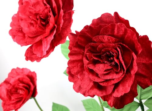 Set of 3 - Giant Red Velvet Rose Large Handcrafted Artificial Flower Props for Wedding, Home, Party, Event, Backdrop Decoration for Anniversary Birthday Valentine's Day (Red - Rose Heads Only)