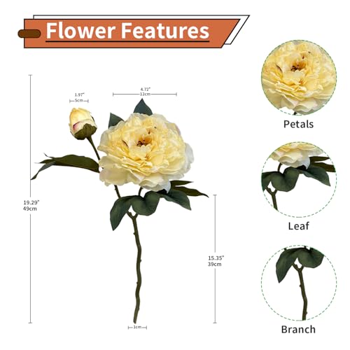 4 PCS Premium White Peonies Artificial Flowers,19.2’’Fake Faux Silk Peonies for Centerpieces Wedding Home Decor (4, Yellow) - color: Yellow