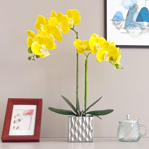 Artificial Orchids Silver Vases Orchids Artificial Flowers Yellow Orchid Height 20 inches - color: Yellow