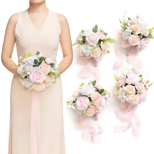 Ling's moment Blush Artificial Bridesmaid Bouquets Set of 4 Pink Wedding Flower Bouquets Cream Floral Bouquet Rose Bridal Bouquets with Ribbon,Ceremony,Anniversary,7-inch Diameter - color: Pk-pink & Cream