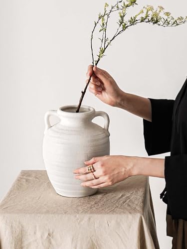 Large White Ceramic Vase - 9.5 Inch Rustic Farmhouse Flower Vase with Handles for Home Decor, Vintage Tall Vase for Living Room, Table, Bathroom, Holiday & Weddings (Sandstone White) - color: 9.5 Inch-sandstone White