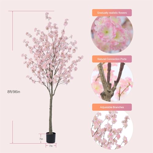 Nafresh Tall Artificial Cherry Blossom Tree - 8Ft(96'), Realistic Potted Silk Faux Cherry Blossom for Indoor/Outdoor Home Office, Living Room, Bedroom, Porch Floor Decor - size: 8ft