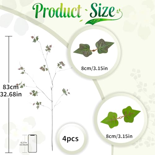 4 Pcs 38.5" Tall All-Green Artificial Branches with Leaves, Realistic Faux Ficus Greenery Stems, Bendable Fake Plant Twigs for Tall Floor Vases, Home Centerpiece, Office & Spring Decor (FS Red) - color: Fs Red