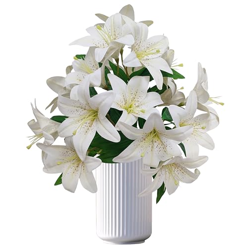Artificial Ivory White Lilies Flowers,10Pcs Faux Lily Flower,20''Tiger Lily Branch with 2 Full Blooms, Faux Fake Lilies Plants for Wedding Bouquet Home Party Indoor Floral Arrangements - color: Ivory White