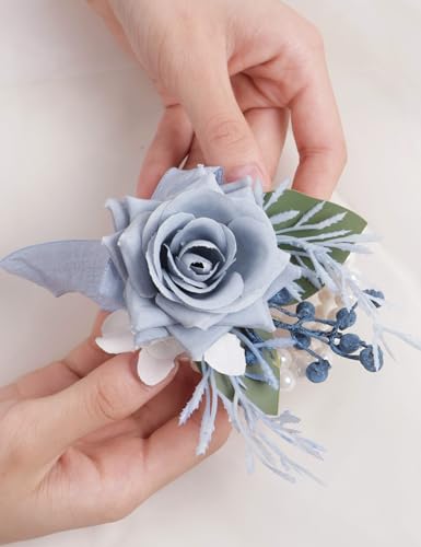 Alizeal 2Pcs of Wrist Corsage and Boutonniere Set, Artificial Flowers Accessories Suit Decor for Wedding Prom Party Homecoming Ceremony, Haze Blue - color: 701-haze Blue