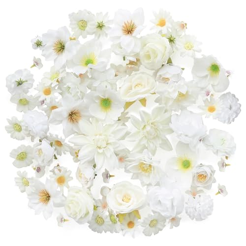 Floroom Mini Artificial Flower Heads Ivory & White Fake Peony Daisy Rose Multicolor Small Faux Silk Flower Heads for Cake Craft Garland Wedding Party Graduation Cap DIY Home Decoration, 0.8"-3.6" - color: Elegant Ivory & White