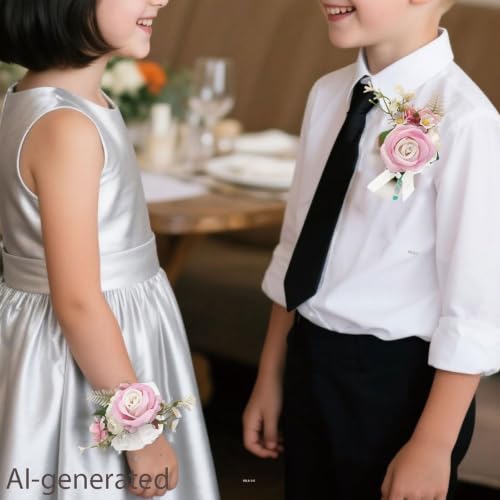 Wrist Corsage and Boutonniere Set, Artificial Rose Corsage Wristlet and Boutonniere for Wedding Prom Party (Light Pink 1 Boutonniere&1 Wrist Corsage) - color: Light Pink 1 Boutonniere&1 Wrist Corsage