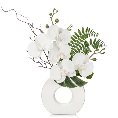 Briful Orchid Artificial Flowers 16.1'' White Orchid Silk Flowers with Ceramic Vase Faux Orchid Arrangement for Home Office Table Centerpiece Indoor Decoration - color: White