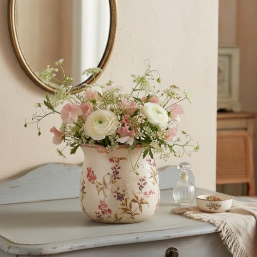 6.11" French Farmhouse Ceramic Flower Pot for Indoor & Outdoor Plants | Vintage Floral Ceramic Planter & Utensil Holder, Decor for Kitchen Counter & Garden, Ideal Housewarming Gift for Home Lovers - color: Cottage Meadow