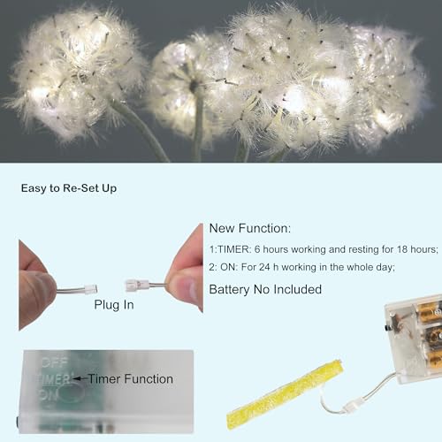 TOPIA Artificial Dandelion Flowers with LED Lights with Timer Faux Dandelion Wish Flowers for Christmas Decoration Home Decoration (4 Pcs) - color: White Led, size: 4