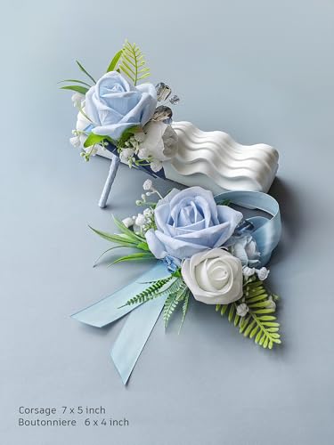 Corsage and Boutonniere Set with Blue Roses for Bride, Groom, Bridesmaids Groomsmen Weddings, Proms, Homecomings. Perfect Party Suit Decor Wedding Flowers Accessories (Blue) - color: Blue