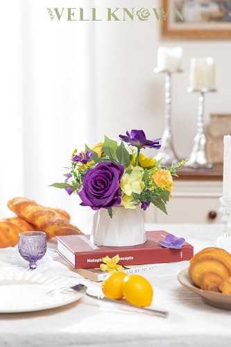 WELL KNOWN Small Fake Flowers in Plastic Vase 7" Centerpieces Coffee Table Decor, Silk Flower Arrangements for Home Decor Indoor Artificial Flower Bouquet for Dining Room Kitchen Wedding Yellow Purple - color: Purple & Yellow
