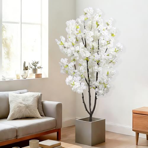 Faux White Cherry Blossom 6ft(72in) Artificial Floor Plant for Indoor Decor Natural Potted Tree with Texture Flowers and Realistic Wood Trunk for Home Living Room,Office Perfect Housewarming Gift - color: Cherry Blossom(white 7), size: 6ft