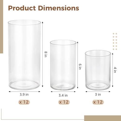 36PCS Cylinder Vases Set, Plastic Vases for Centerpieces, 4''/6''/8'' Clear Candle Vases, Bulk Versatile Hurricane Candle Holder for Wedding Centerpieces, Party Table Home Decorations (36)