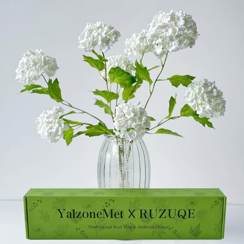 YalzoneMet 4 Pcs 26.8'' Viburnum Artificial Flower Snowball Lifelike Long Stem Real Touch White Small Hydrangea Latex Flower for Home Christmas Decoration Table Centerpieces Floral Arrangements - color: White