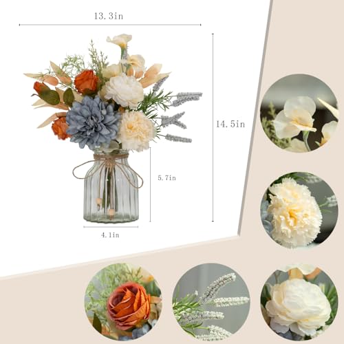 LESING Dahlia Flower Aritificial Flower with Vase Fake Silk Flowers in Glass Vase Faux Rose Flowers Arrangement for Home Office Table Centerpiece Decoration (Blue) - color: Blue