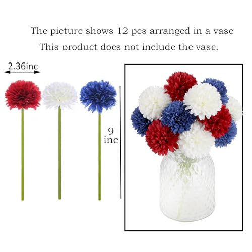 12Pcs Faux Chrysanthemum Flowers 4th of July Patriotic Flower Decor Artificial Mums Memorial Day Fake Ball Flower Home Event Table Centerpieces DIY (White & Red & Blue, 12pcs) - color: White，red，blue （12pcs）