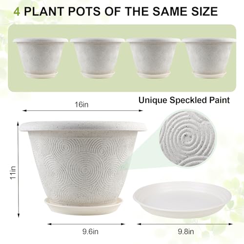 Plastic Flower Pots Planters For Indoor Plants, 4 Pack 16 Inch White Plant Pots With Drainage Hole & Tray, Modern Decorative Large Plant Pot With Saucer For Indoor Outdoor Plants Garden House Planter - color: White, size: 16 inch-4 pack
