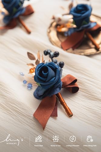 Ling's moment Boutonniere for Men, 6pcs Groom Groomsmen Boutonniere, Artificial Flowers for Wedding Decor/Prom/Homecoming, etc.Burnt Orange Navy Blue - color: Blu-burnt Orange & Navy Blue