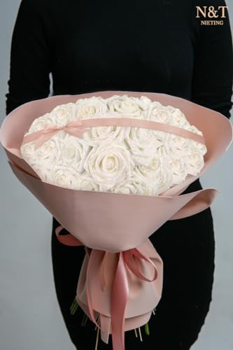 N&T NIETING Artificial Flowers Glowing White Flowers Foam 50pcs Glitter Roses Real Looking Fake Roses with Stem for DIY Wedding Bouquets Centerpieces Bridal Shower Party Home Decorations - color: Glitter White, size: 50pcs