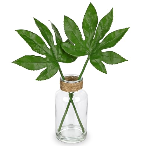GnFlus Fake Plants Faux Greenery Stems in Glass Vase with Faux Water, Realistic Silk Faux Plants Artificial Tropical Leaves for Home Bathroom Office Wedding Centerpiece Décor - color: Fatsia