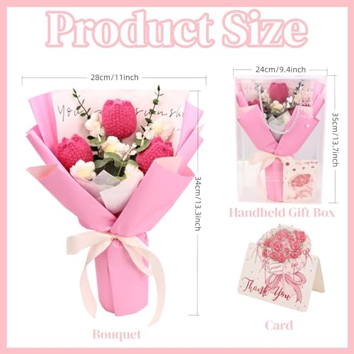 Crochet Flowers Bouquet for Her Handmade Crochet Tulips Artificial Eucalyptus Includes Handheld Gift Box and Card for Home Decor Anniversary Birthdays Mother's Day Graduation Gifts (Pink) - color: Pink