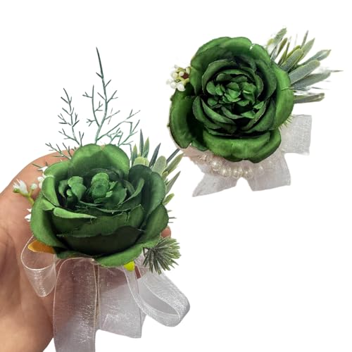 Rikyo Rose Wrist Corsage Wristlet Band and Men Boutonniere Set, Corsage for Prom, Bride Hand Flower, Wedding Flowers Ceremony, Wedding Party Prom Decor, Handmade Petals Hair Hat Wreath, Green - color: Green