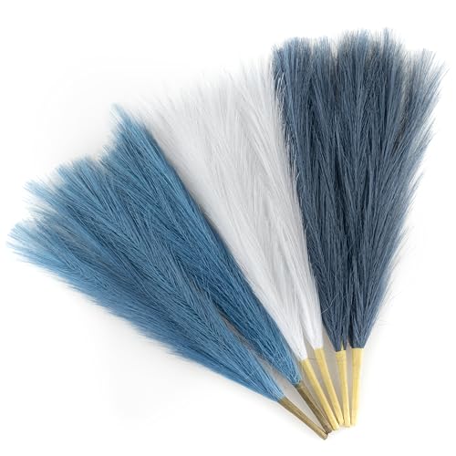 Faux Pampas Grass, 18"/45cm Artificial Pampas Grass Fluffy 6 Stem pompous Grass Flower Arrangement for Boho Home Wedding Decoration - color: Blue & White & Indigo